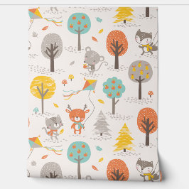 Cute Fall Forest animals with kites and trees Tapete