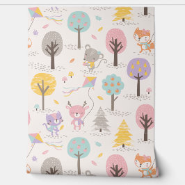 Cute Fall Forest animals with kites and trees Tapete