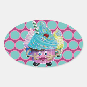 Cute Fantasy Creatur Cupcakes Illustrated Ovaler Aufkleber