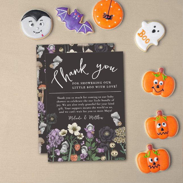 Cute Fantôme Floral Halloween Baby shower Merci (Black Halloween Baby Shower Thank you cards with mushroom ghosts and flowers. )