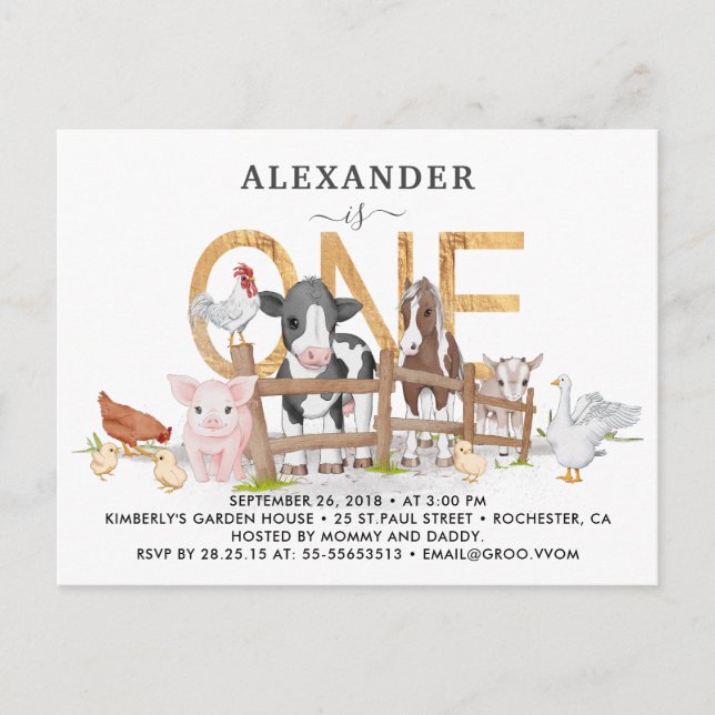 Cute Farm Animaux 1er Anniversaire Invitation Cart (Devant)