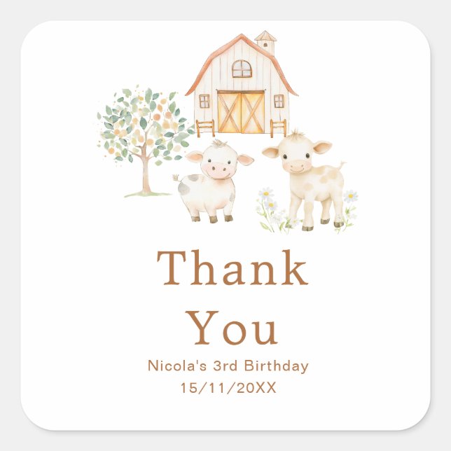 Cute Farm Barn Cows Birthday Quadratischer Aufkleber (Vorderseite)