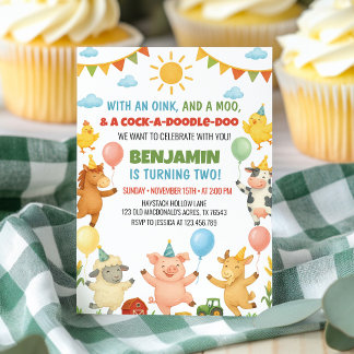 Cute Farm Barnyard Animals Kids Birthday Party Einladung