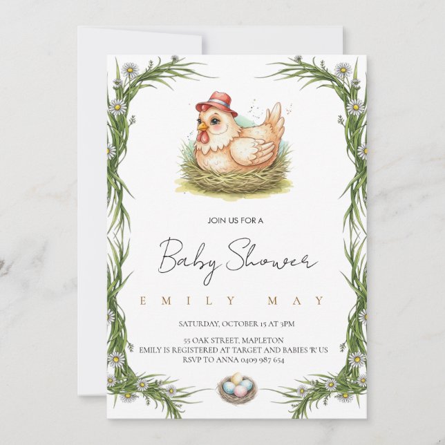 ِCute Farm Chicken Baby Shower  Einladung (Vorderseite)
