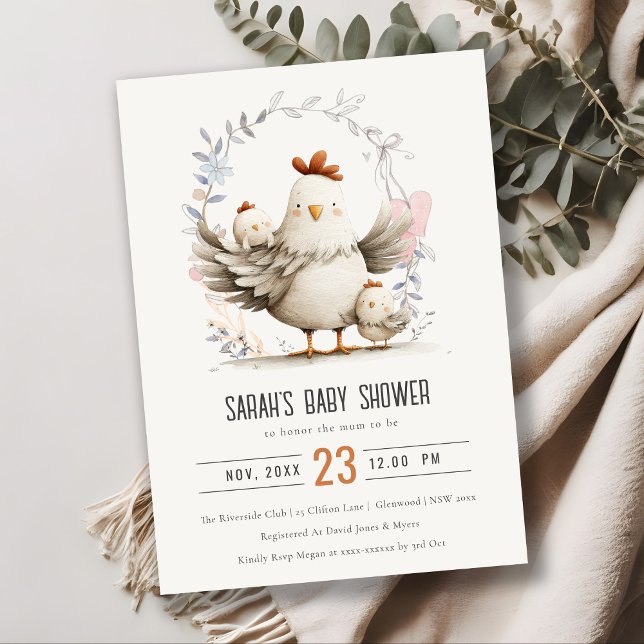Cute Farm Mum and Baby Chick Floral Baby Shower Einladung (Von Creator hochgeladen)