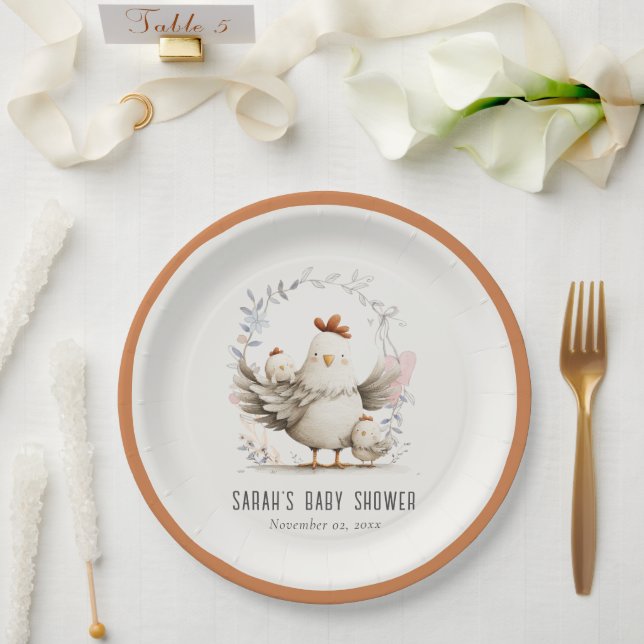 Cute Farm Mum and Baby Chick Floral Baby Shower Pappteller (Hochzeit)