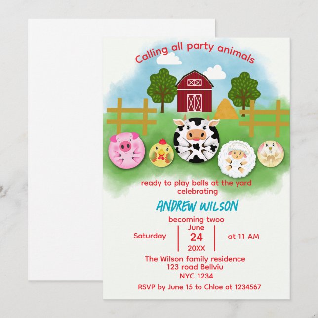 Cute Farm Party Animals Balls Birthday Invitation (Devant / Derrière)