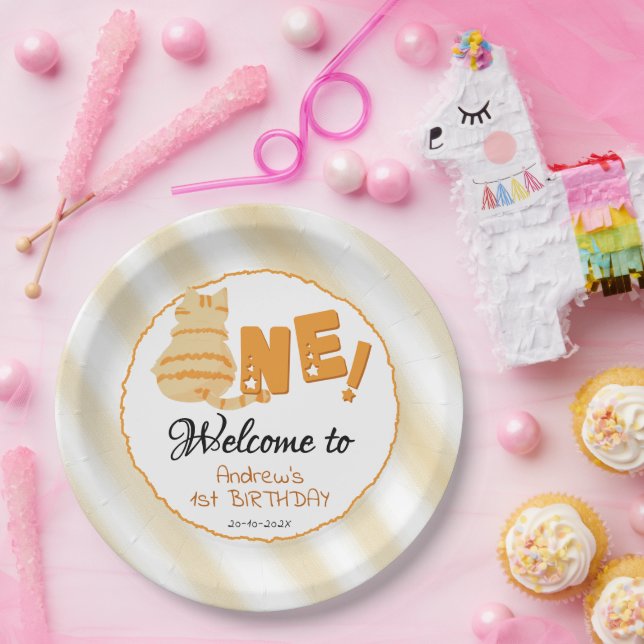 Cute Fat Orange Cat 1st Birthday Pappteller (Party)