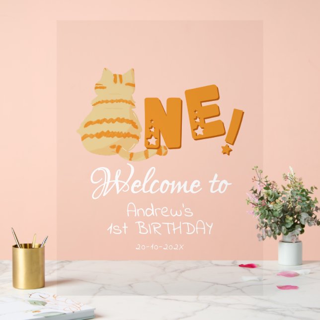 Cute Fat Orange Cat 1st Birthday Welcome Acrylschild (Hochzeit)