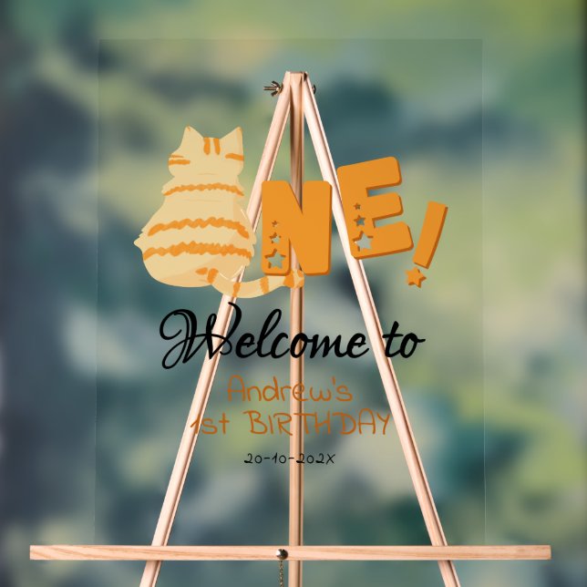 Cute Fat Orange Cat 1st Birthday Welcome Acrylschild (Neutral)
