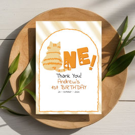 Cute Fat Orange Cat Stripes 1st Birthday Dankeskarte