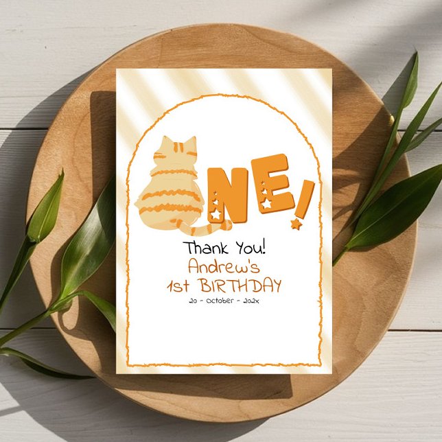 Cute Fat Orange Cat Stripes 1st Birthday Dankeskarte (Von Creator hochgeladen)