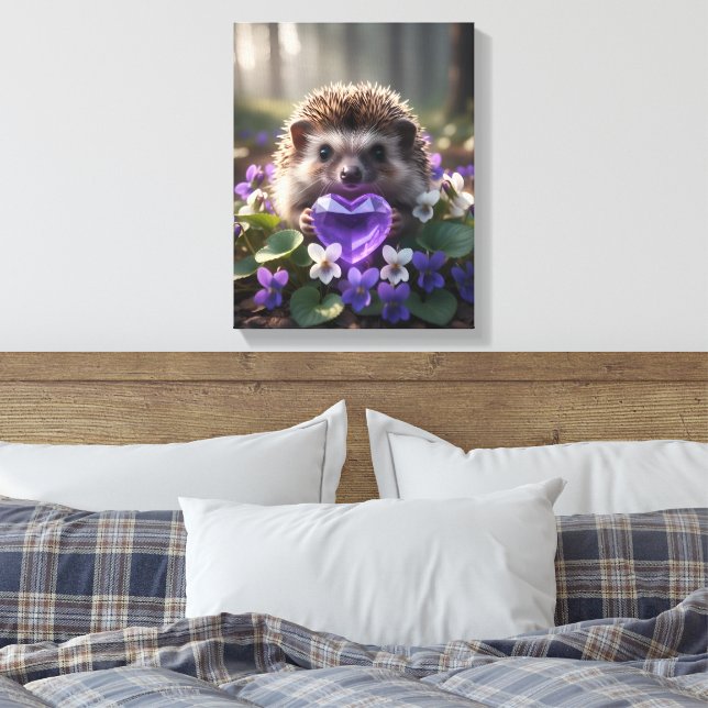 Cute February Hedgehog with Amethyst Heart Leinwanddruck (Insitu (Schlafzimmer))