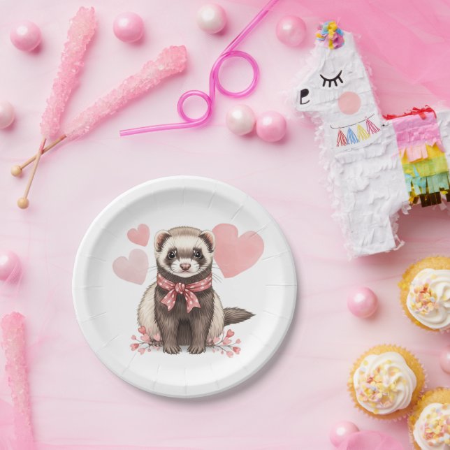 Cute Ferret Kawaii Pink Hearts Illustration Pappteller (Party)