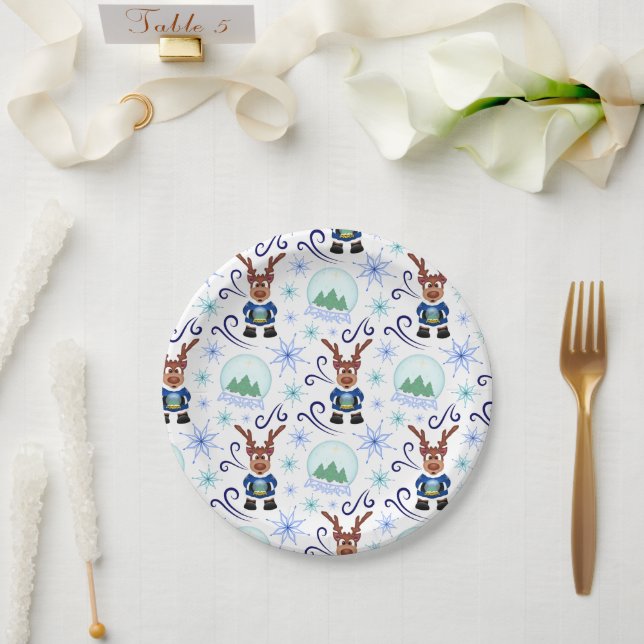 Cute Festive Blue Christmas Reindeer Pappteller (Hochzeit)