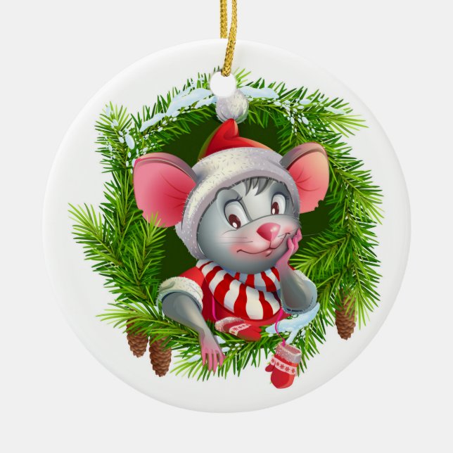 Cute Festive Christmas Holiday Mouse Keramik Ornament (Vorne)