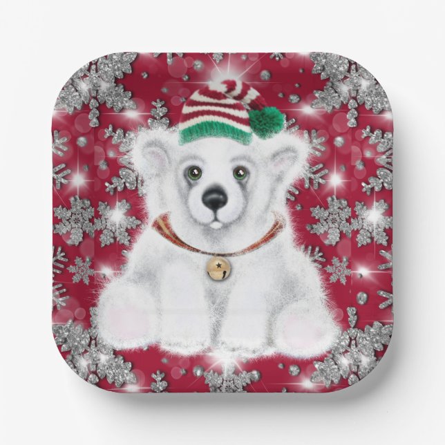 Cute festive holiday Polar bear glitter snowflakes Pappteller (Vorderseite)