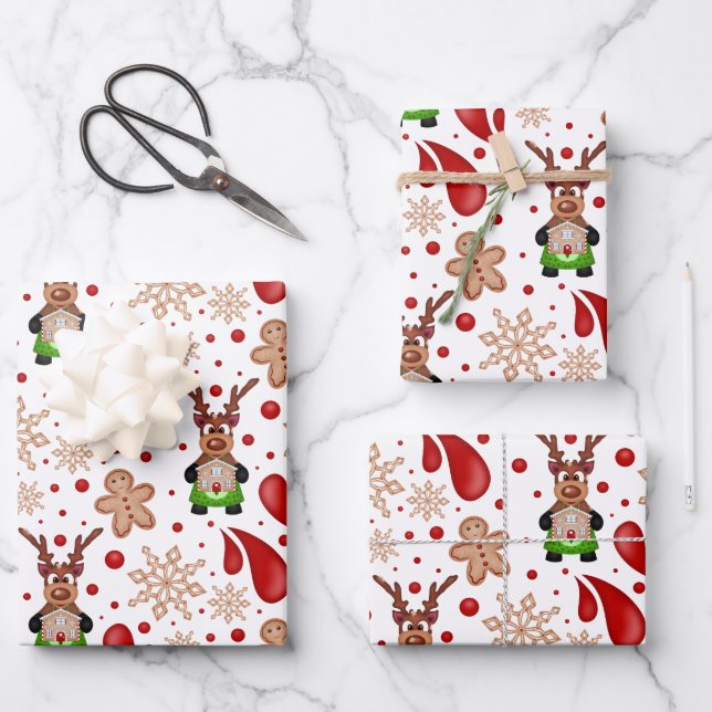 Cute Festive Red Christmas Reindeer Geschenkpapier Set (Vorderseite)
