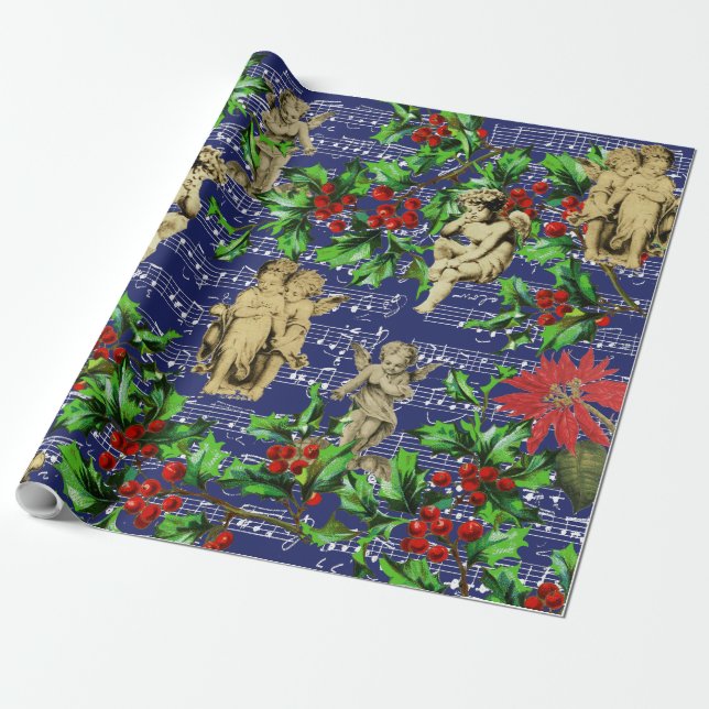 Cute Festive Vintage Angel Cherubs Holly Christmas Geschenkpapier (Ungerollt)