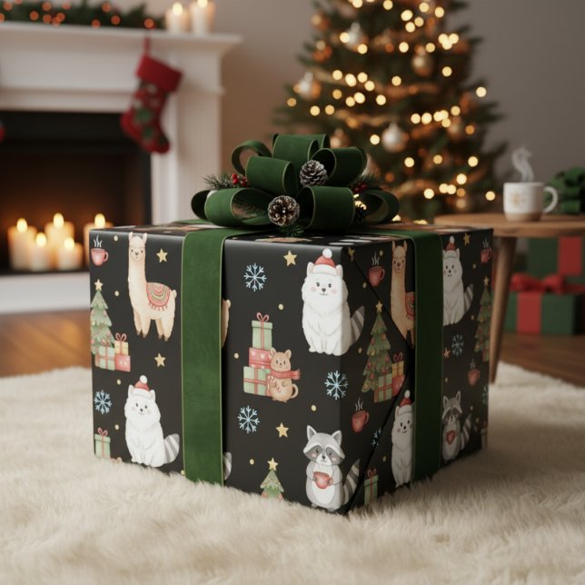 Cute Festive Woodland Animals & Llama Christmas Geschenkpapier (Wrap your gifts in cozy, adorable cheer.)