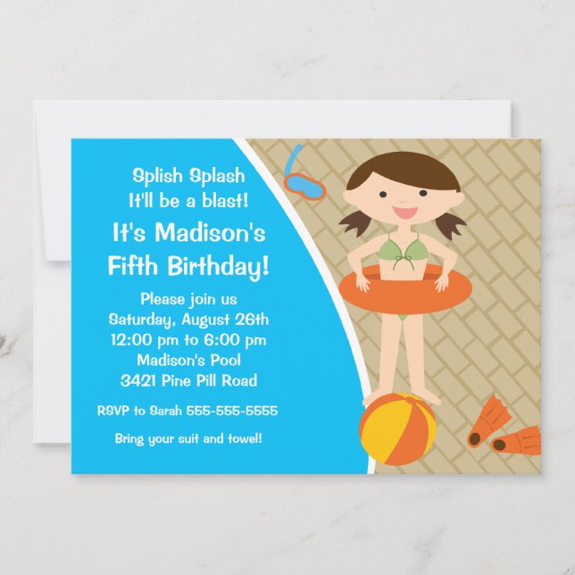 CUTE Fête de piscine fille Anniversaire Invitation (Devant)