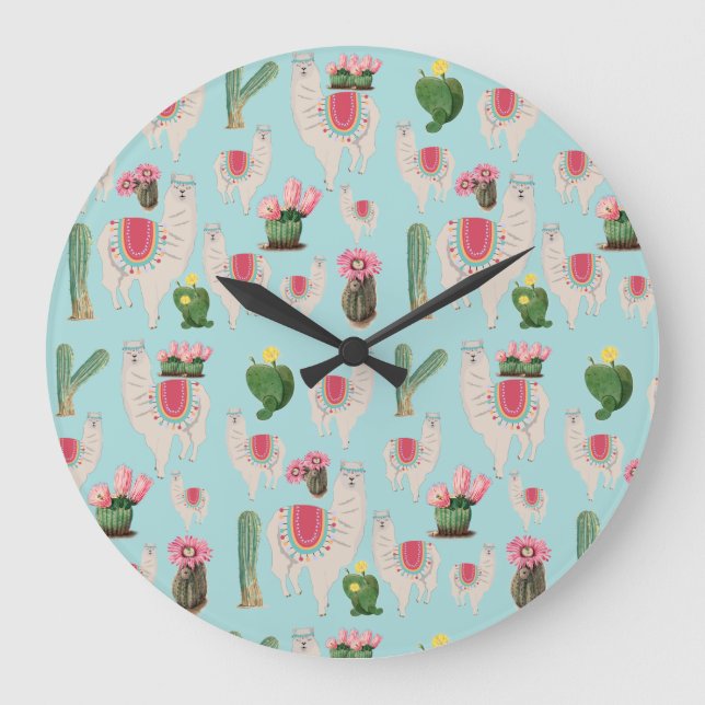 Cute Fiesta Llama & Cactus Pattern  Große Wanduhr (Vorderseite)