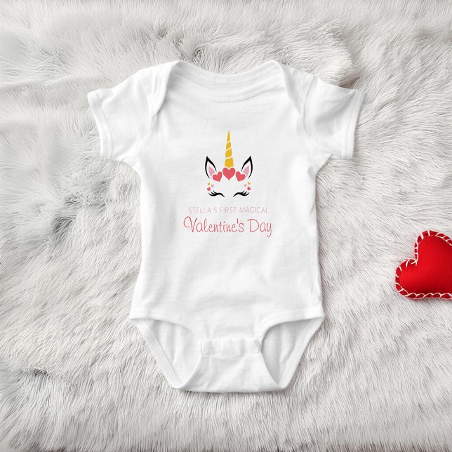 Cute First Magical Unicorn Valentine's Day Baby Strampler (Cute Magical Unicorn Valentine's Day Personalized Baby Bodysuit)