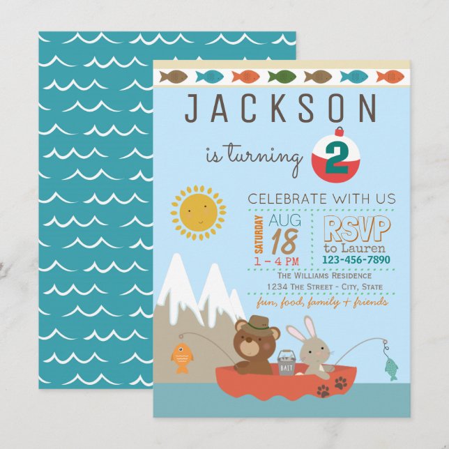 Cute Fishing Anniversaire Fête Invitations (Devant / Derrière)