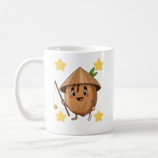 Cute Fishing Coconut with Conical Hat Cartoon Mug