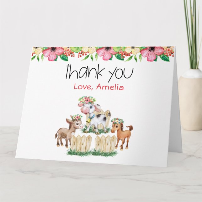 Cute Floral Animaux de ferme pliés Carte de remerc (Devant)