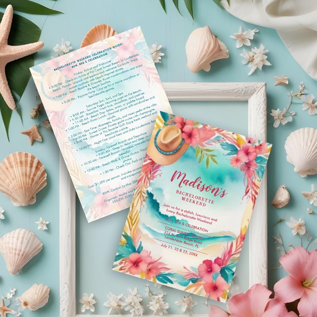 Cute Floral Beach Cowgirl Hat Coastal Bachelorette Einladung (Cute Floral Beach & Cowgirl Hat Coastal Bachelorette Invitations Cards in Turquoise & Pink. )