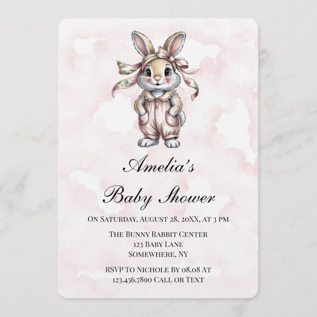 Cute Floral Bunny Girl Baby Shower  Einladung (Vorderseite)