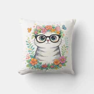 Cute Floral Cat with Glasses Kissen