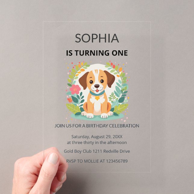 Cute Floral Dog Kids First Birthday  Acryleinladungen (Insitu (Handheld))