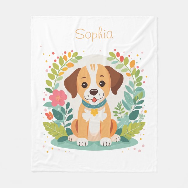 Cute Floral Dog Puppy  Fleecedecke (Vorderseite)