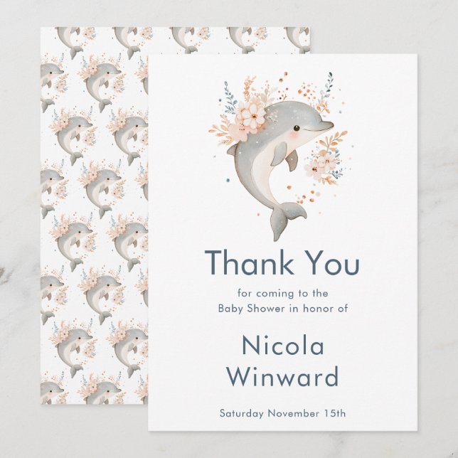 Cute Floral Dolphin Baby Shower  Dankeskarte (Vorne/Hinten)