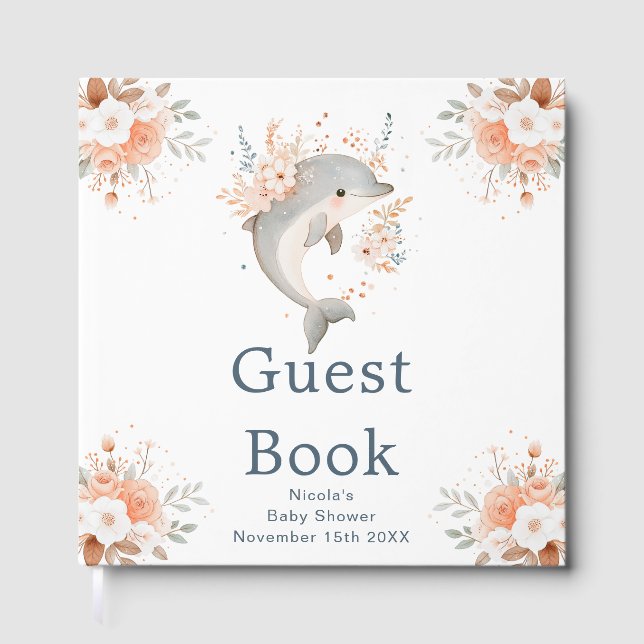 Cute Floral Dolphin Baby Shower Gästebuch (Vorderseite)