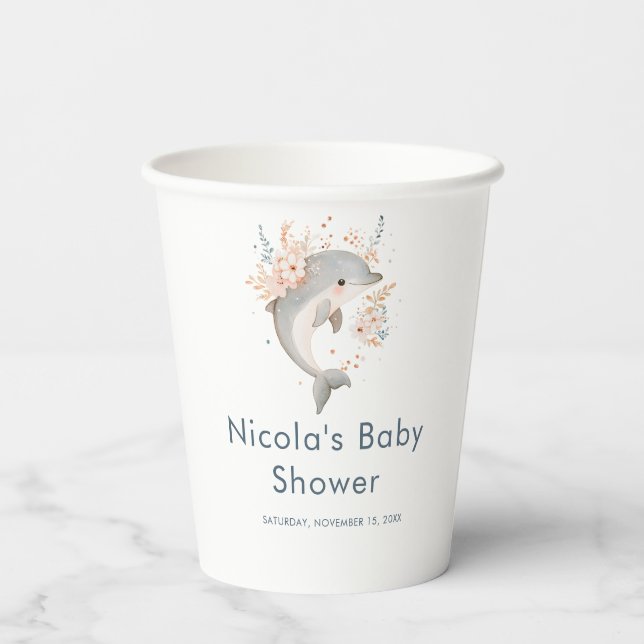 Cute Floral Dolphin Baby Shower Pappbecher (Rückseite)