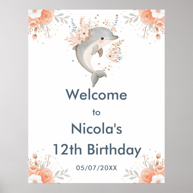 Cute Floral Dolphin Birthday Party Welcome Poster (Vorne)