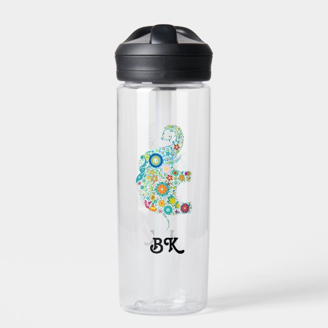 Cute floral elephant with custom monogram trinkflasche (Vorderseite)