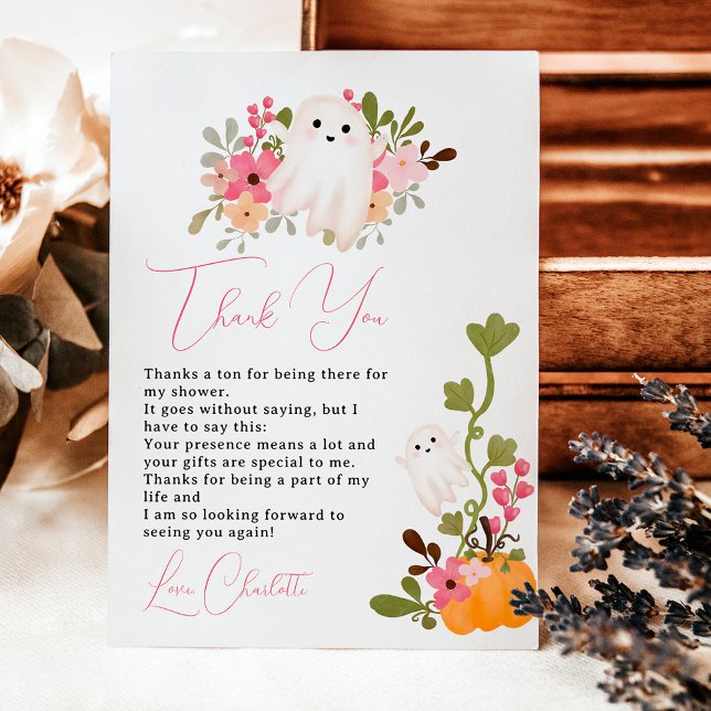 Cute floral ghost pumpkin little boo baby shower dankeskarte (Cute floral ghost pumpkin little boo baby shower thank you card)