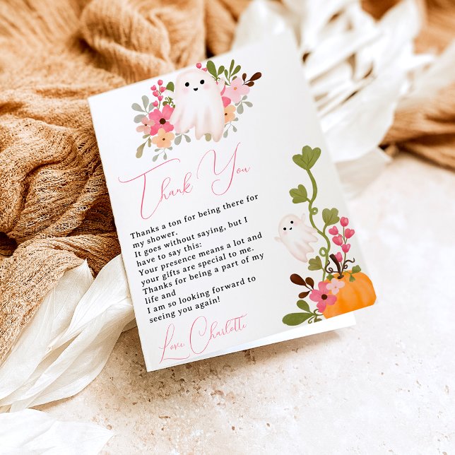 Cute floral ghost pumpkin little boo baby shower dankeskarte (Cute floral ghost pumpkin little boo baby shower thank you card)
