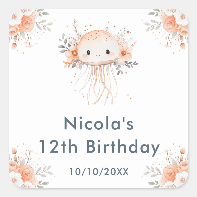 Cute Floral Jellyfish Birthday Party Quadratischer Aufkleber (Vorderseite)