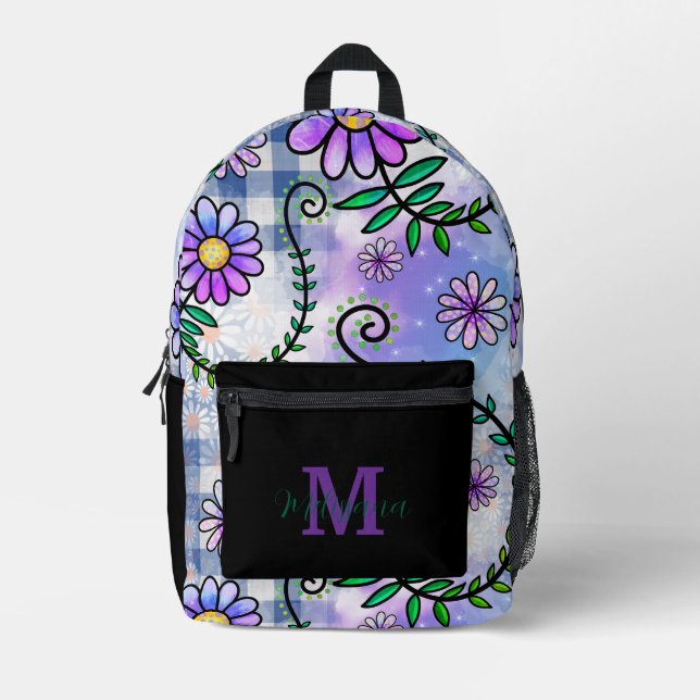 Cute Floral Pattern Monogram Name  Bedruckter Rucksack (Vorderseite)