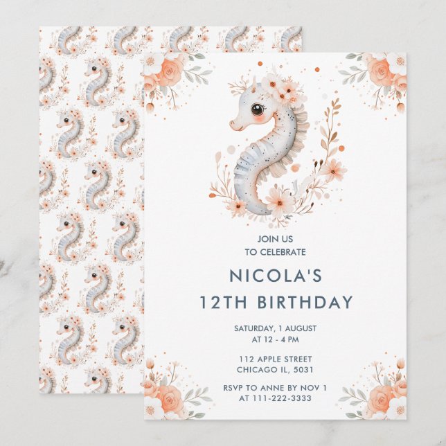 Cute Floral Seahorse Birthday Party Einladung (Vorne/Hinten)