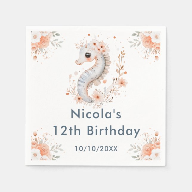 Cute Floral Seahorse Birthday Party Serviette (Vorderseite)