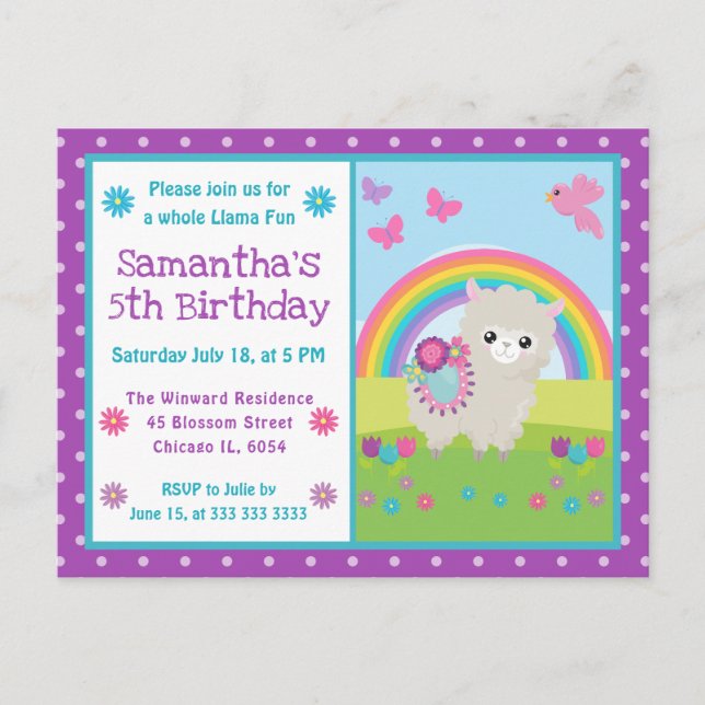 Cute Floral Spring Llama & Rainbow Birthday Postkarte (Vorderseite)