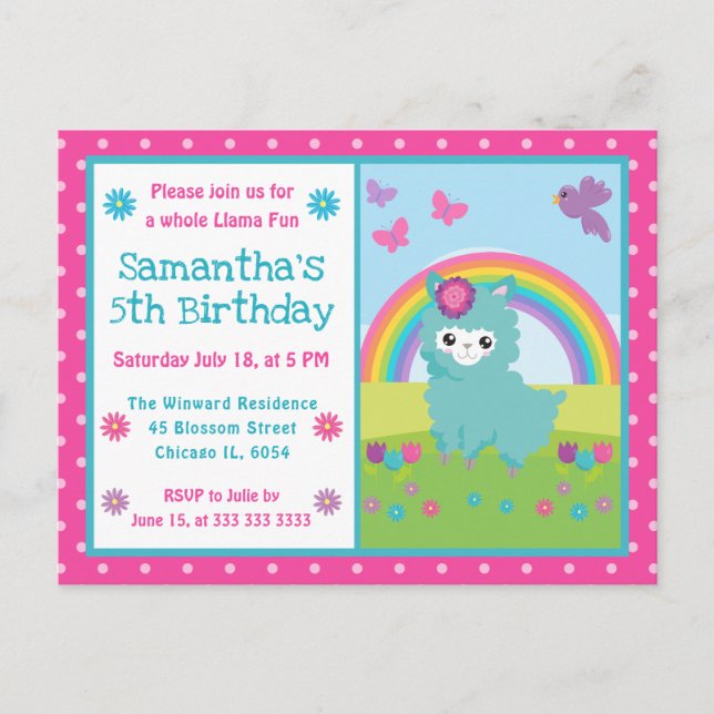 Cute Floral Spring Teal Llama & Rainbow Birthday Postkarte (Vorderseite)