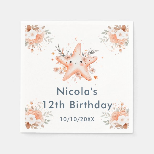 Cute Floral Starfish Birthday Party Serviette (Vorderseite)
