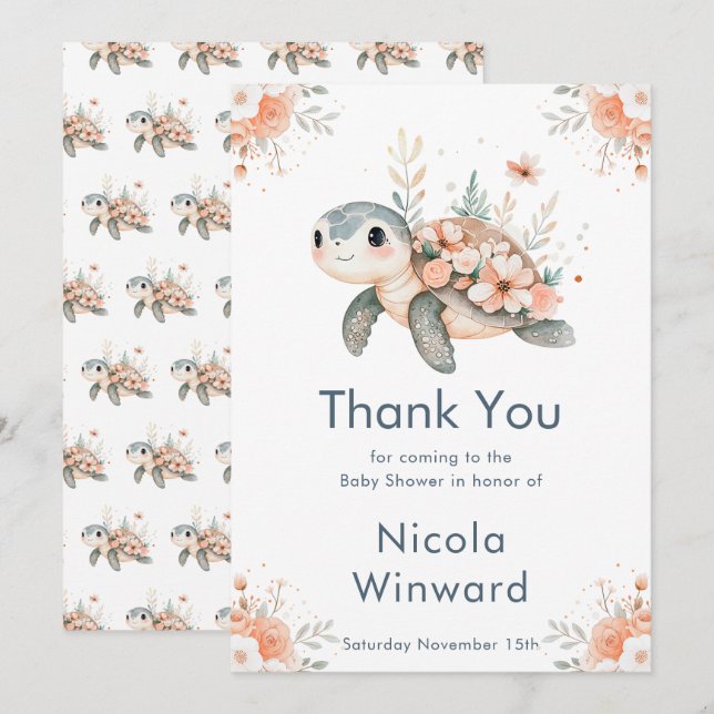 Cute Floral Turtle Baby Shower Dankeskarte (Vorne/Hinten)